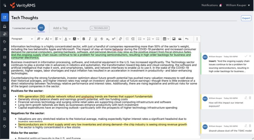 product screenshot showing highlighted text in a document and in-line commenting