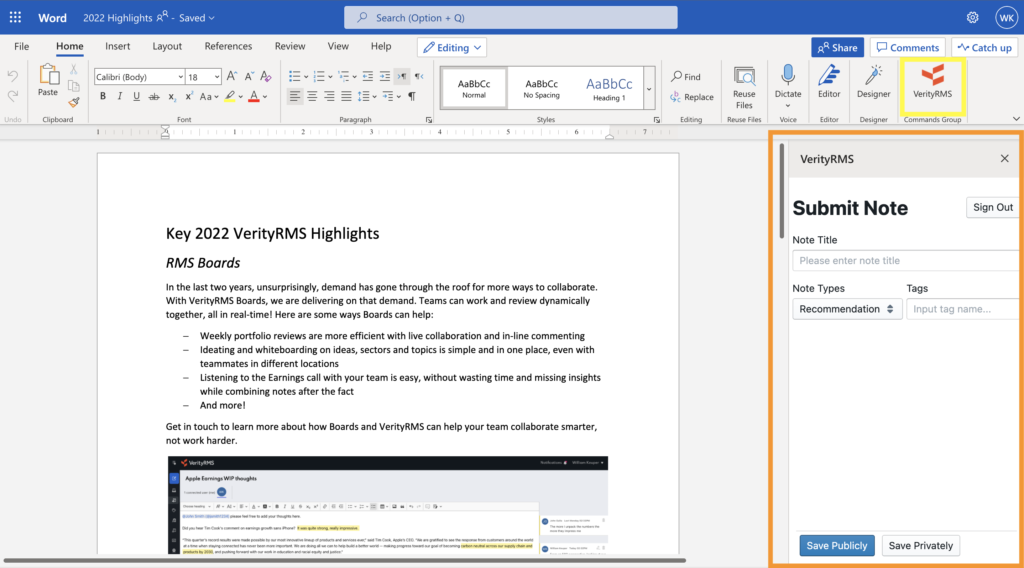 microsoft office addin for VerityRMs