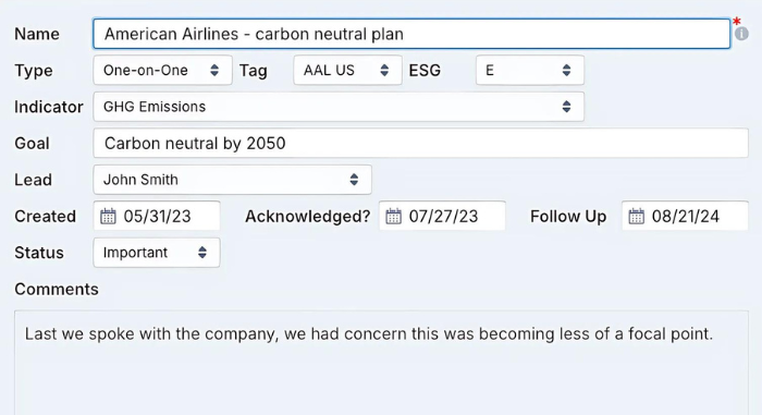 A form-like window titled "Edit Record" displaying details for an engagement named "American Airlines - carbon neutral plan." The record type is "One-on-One," and the ESG indicator is "GHG Emissions." The goal is "Carbon neutral by 2050." The record shows that the engagement was created on 05/31/23, acknowledged on 07/27/23, and follow-up is due on 08/21/24. The status is marked as "Important," and there is a comment field noting a concern about reduced focus on the carbon neutral plan.